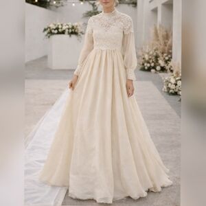 Unbranded Vintage 1960s 70s Ivory Lace Long Sleeve Wedding Dress sz 4